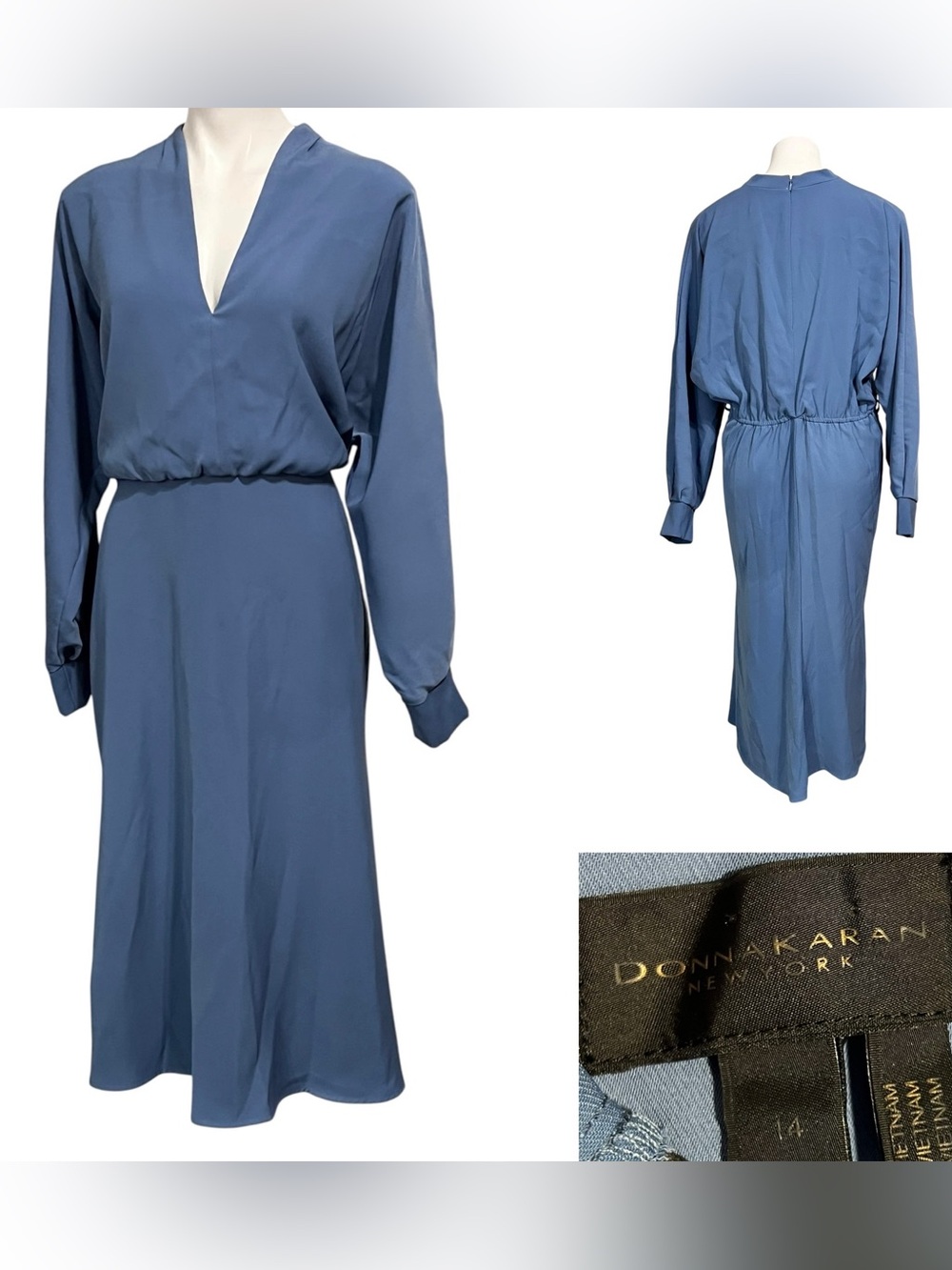 Donna Karan dress 14 Blue V-Neck Long Sleeve Midi stretch waist office business